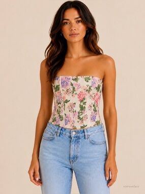 Zara Floral Corset Top Hook-Front Boned Bustier Cream Pink Purple Size Medium
